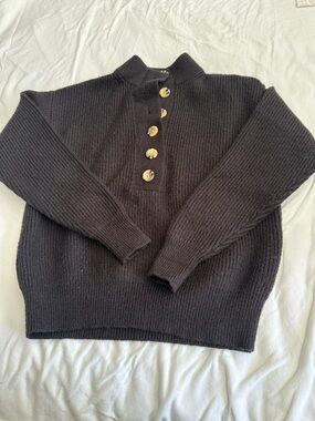 Ann Taylor Black Ribbed Zip-Up Sweater with Button Placket